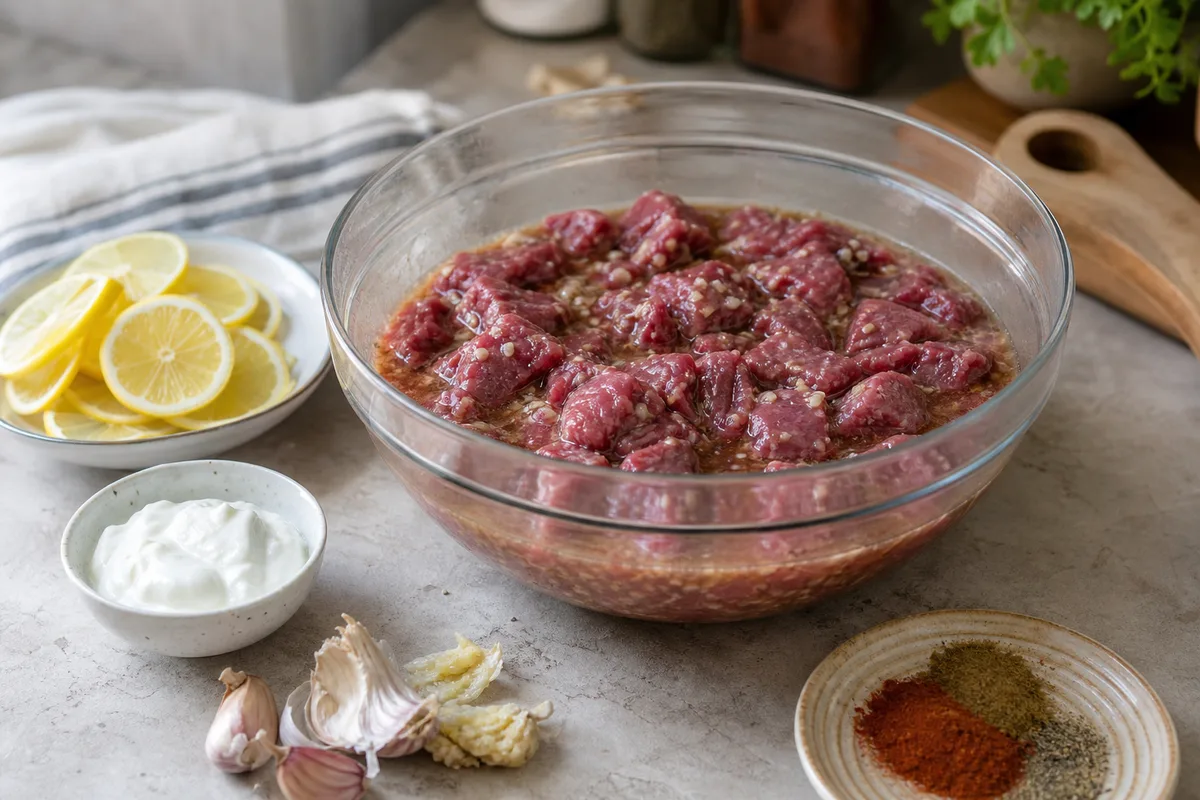 Cubes de bœuf en train de mariner dans un saladier en verre avec rondelles de citron et épices