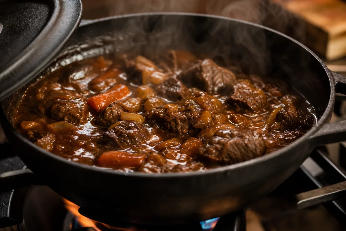 Bœuf mijotant longuement dans une cocotte en fonte, sauce épaisse et vapeur montante