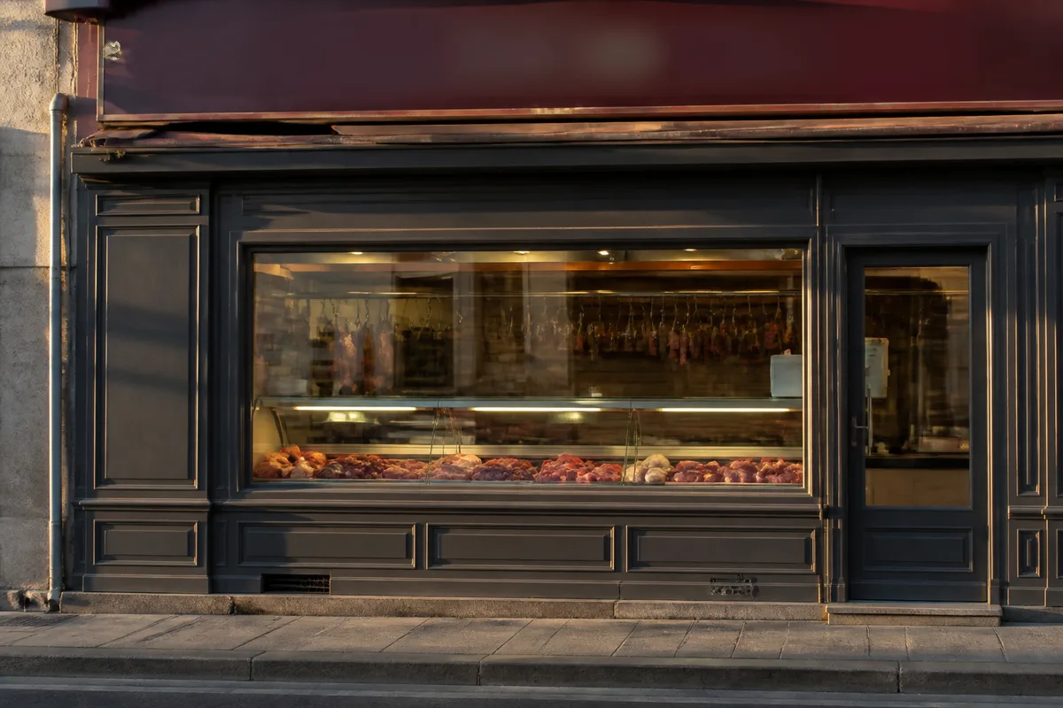 Devanture et vitrine réfrigérée d&rsquo;une boucherie de quartier