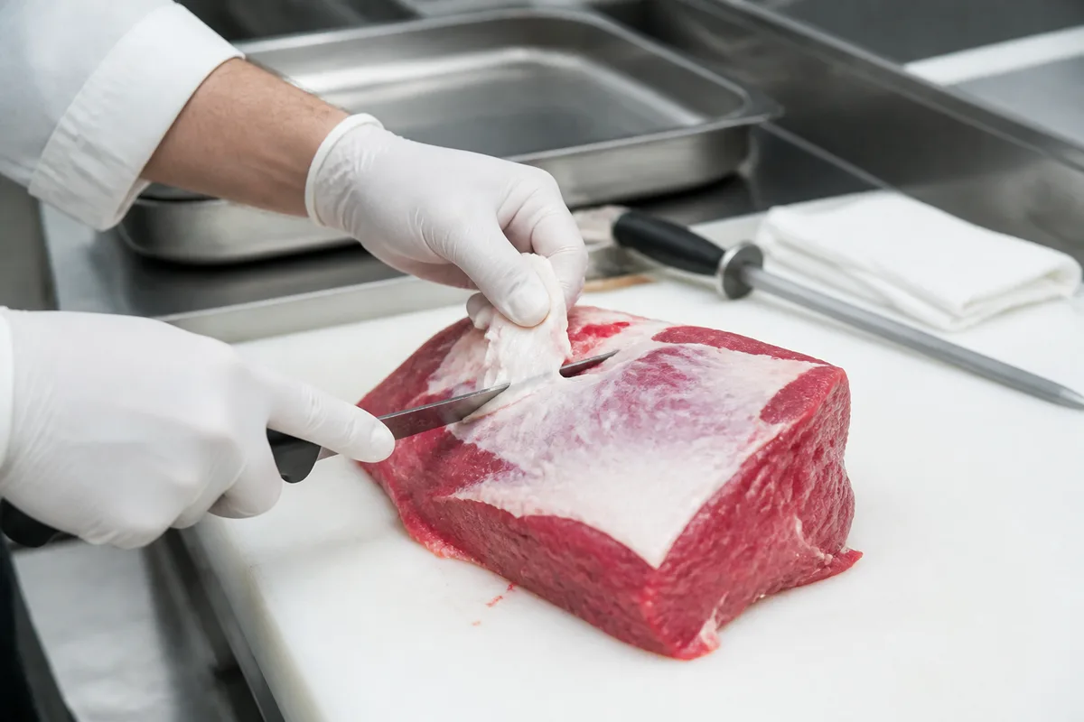 Boucher au travail sur un plan de découpe en atelier
