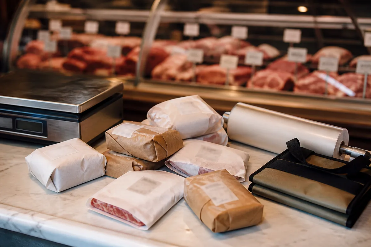 Colis de viande emballés et pesés sur un comptoir de boucherie
